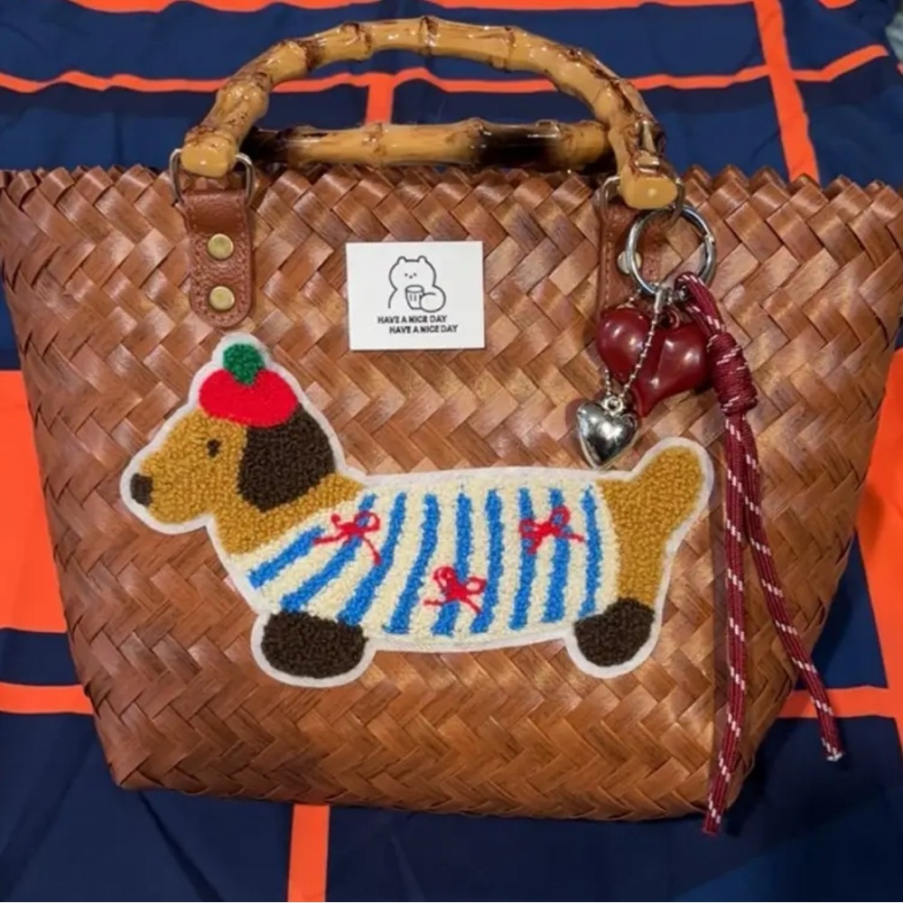 Brown Woven Tote Bag with Dog Patch - Picture 4 of 4